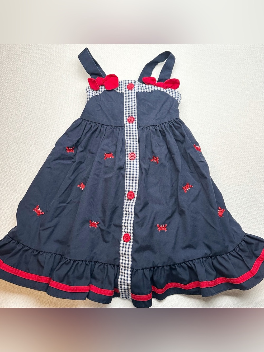 Goodlad Girls Navy and Red Sailor Dress with Embroidered Lobsters. Size 4